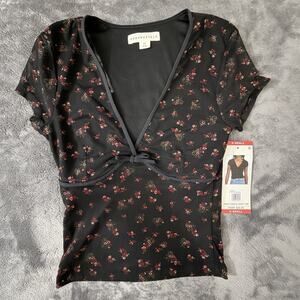 Aeropostale Mesh Floral V-Neck Crop Top Black Short Sleeve Women's Size XS